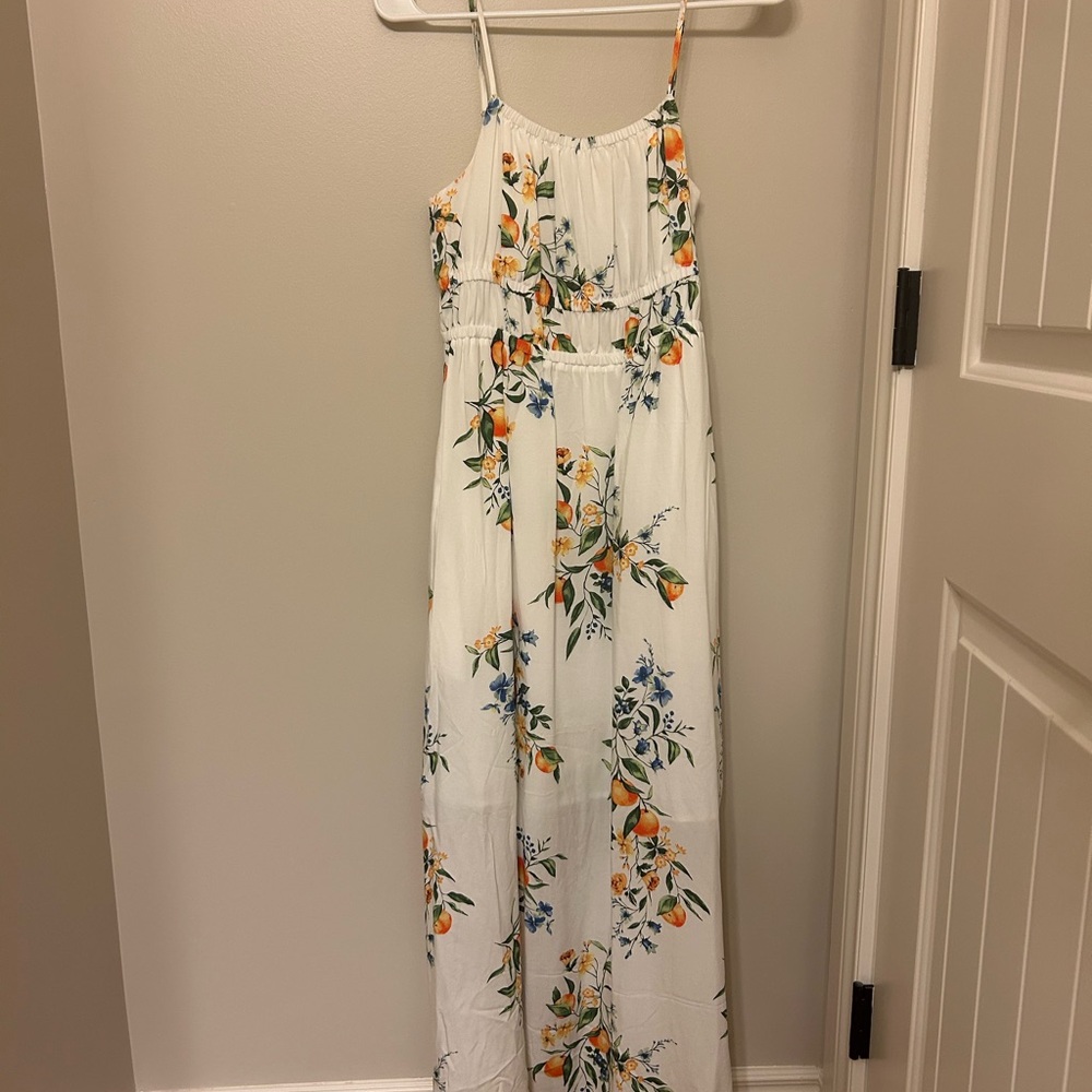 White Floral Smocked Waist Maxi Dress